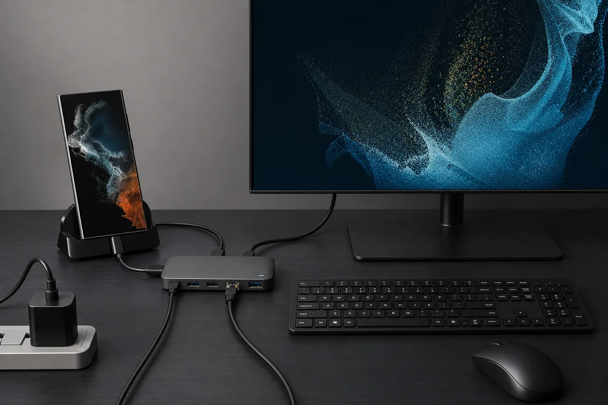Editorial illustration of a phone connected through a USB-C dock to a monitor, keyboard, mouse, Ethernet and power