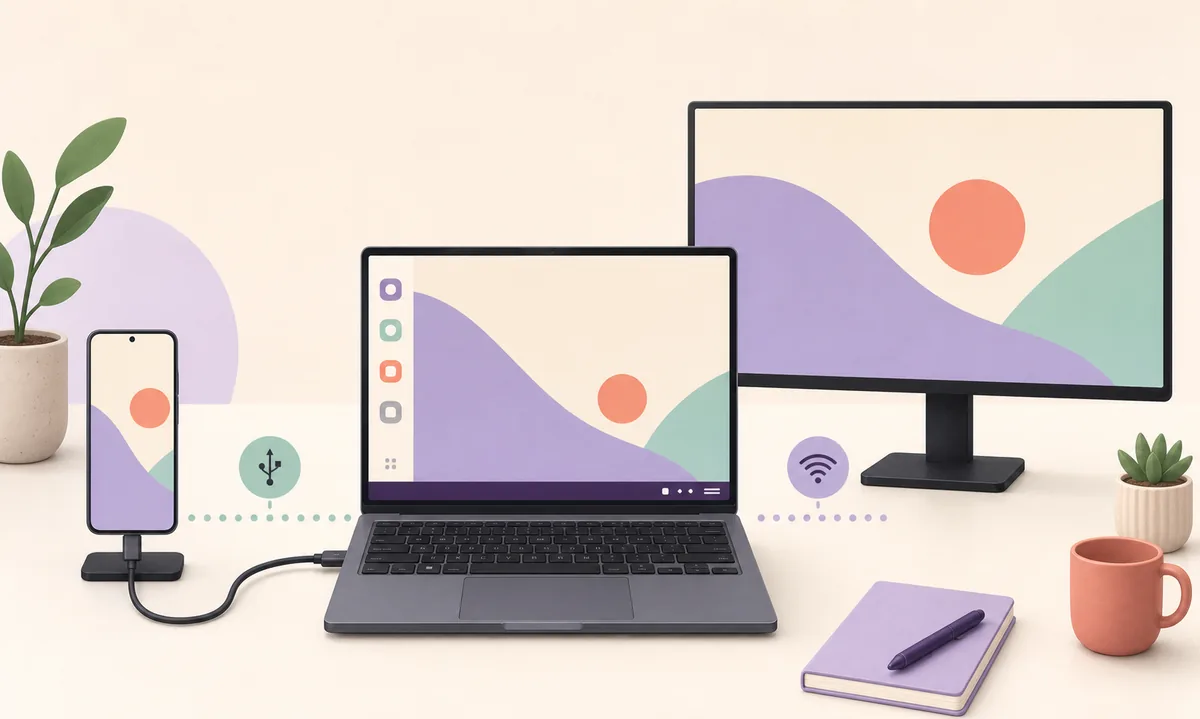Galaxy、ノートPC、ケーブル、Samsung DeXデスクトップの説明イラスト