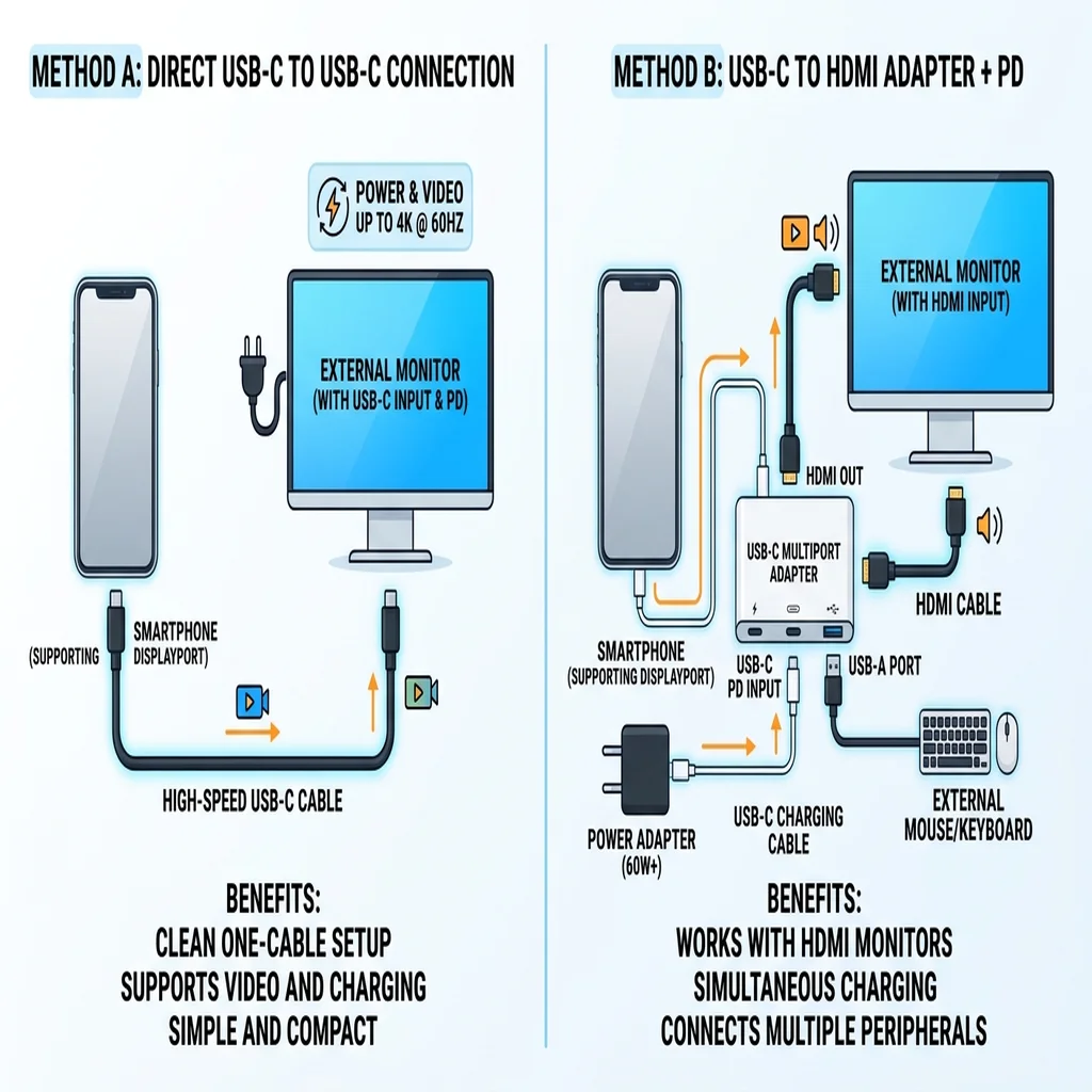 Schéma comparatif entre connexion directe en USB-C et adaptateur USB-C vers HDMI avec charge Power Delivery