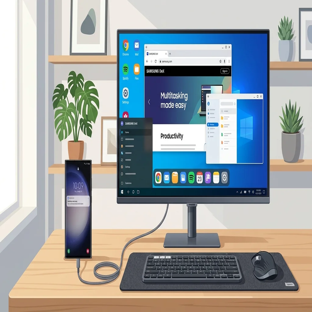 Bureau moderne avec un smartphone Samsung Galaxy connecté à un moniteur par câble USB-C