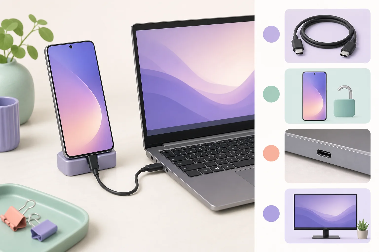 Conceptual illustration showing a Galaxy phone, USB-C data cable, Windows laptop, and monitor checks