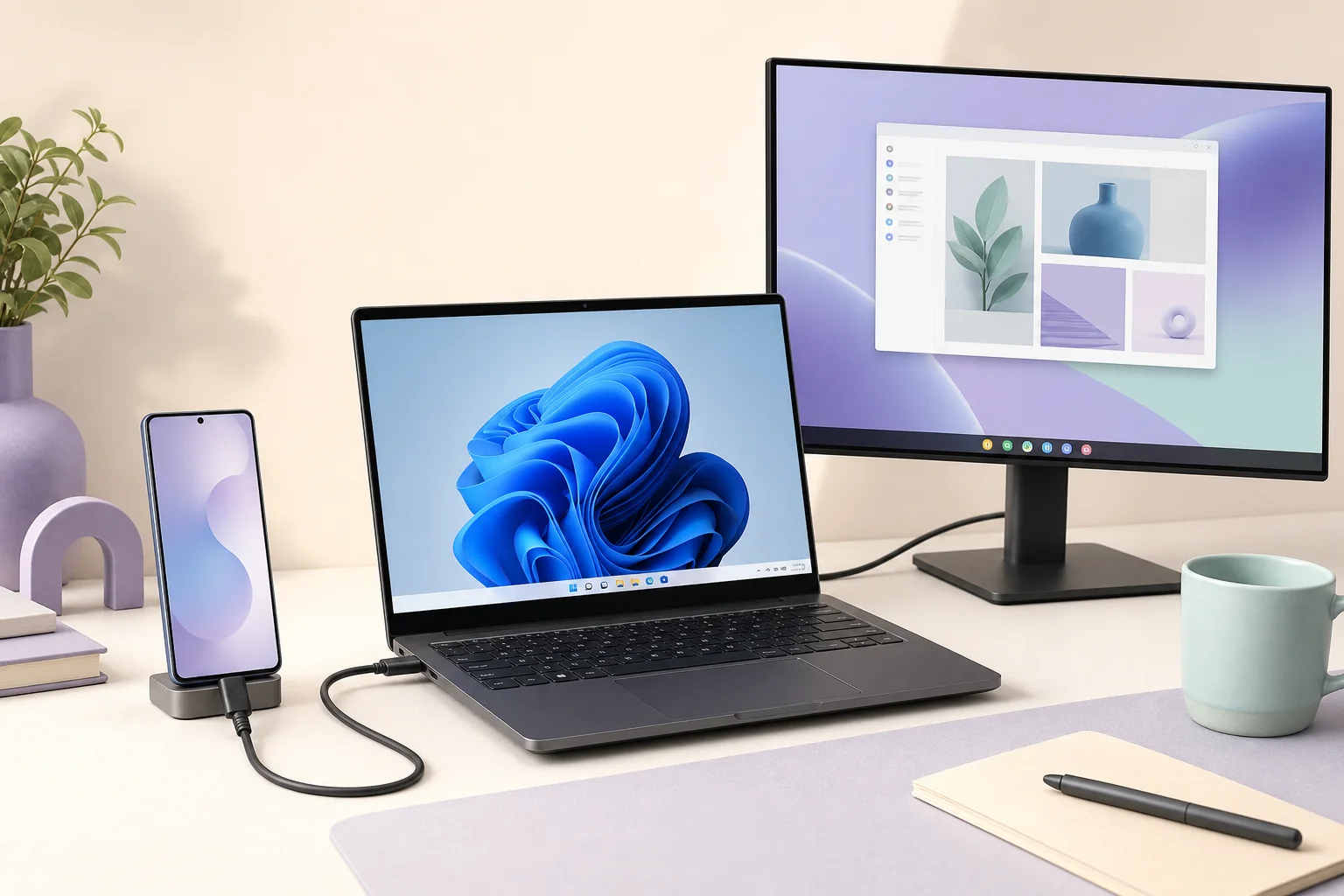 Editorial illustration of a Galaxy-style phone connected to a Windows laptop and external monitor