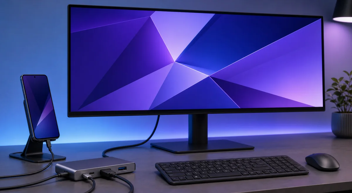 Illustration éditoriale d'un hub USB-C alimenté relié en HDMI pour la résolution DeX