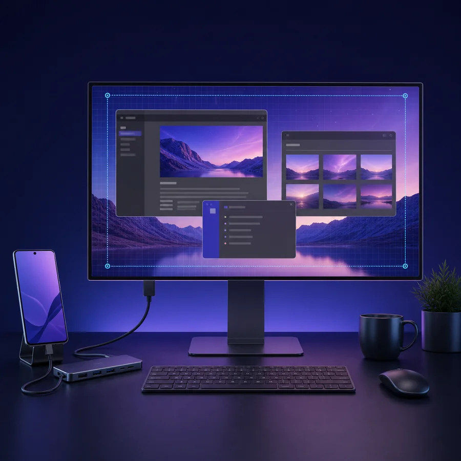 Illustration éditoriale d'un téléphone relié à un écran large pour régler la résolution Samsung DeX