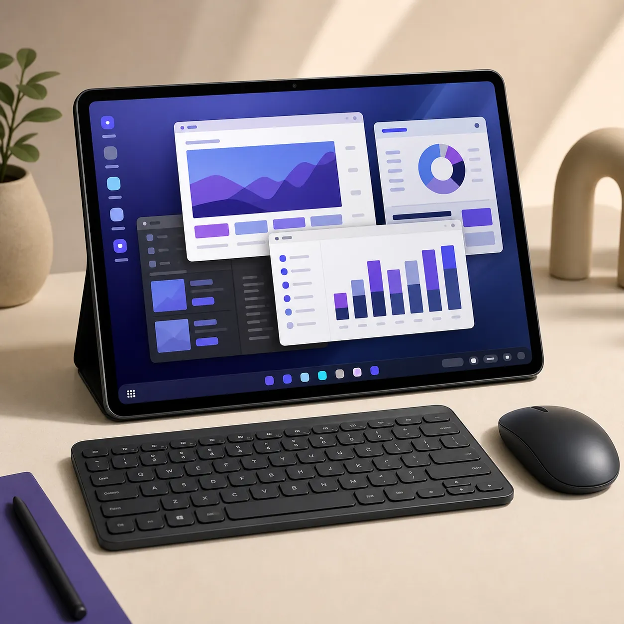 Editorial illustration of a Galaxy tablet running a desktop-style DeX workspace with a keyboard and mouse
