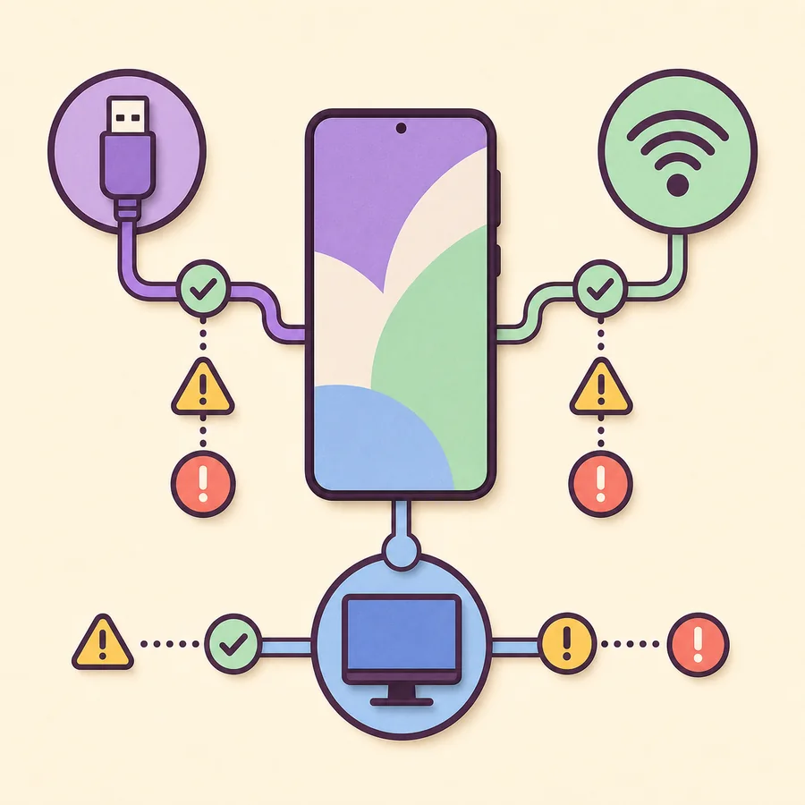 Editorial diagram showing USB, wireless, and monitor checks around a phone