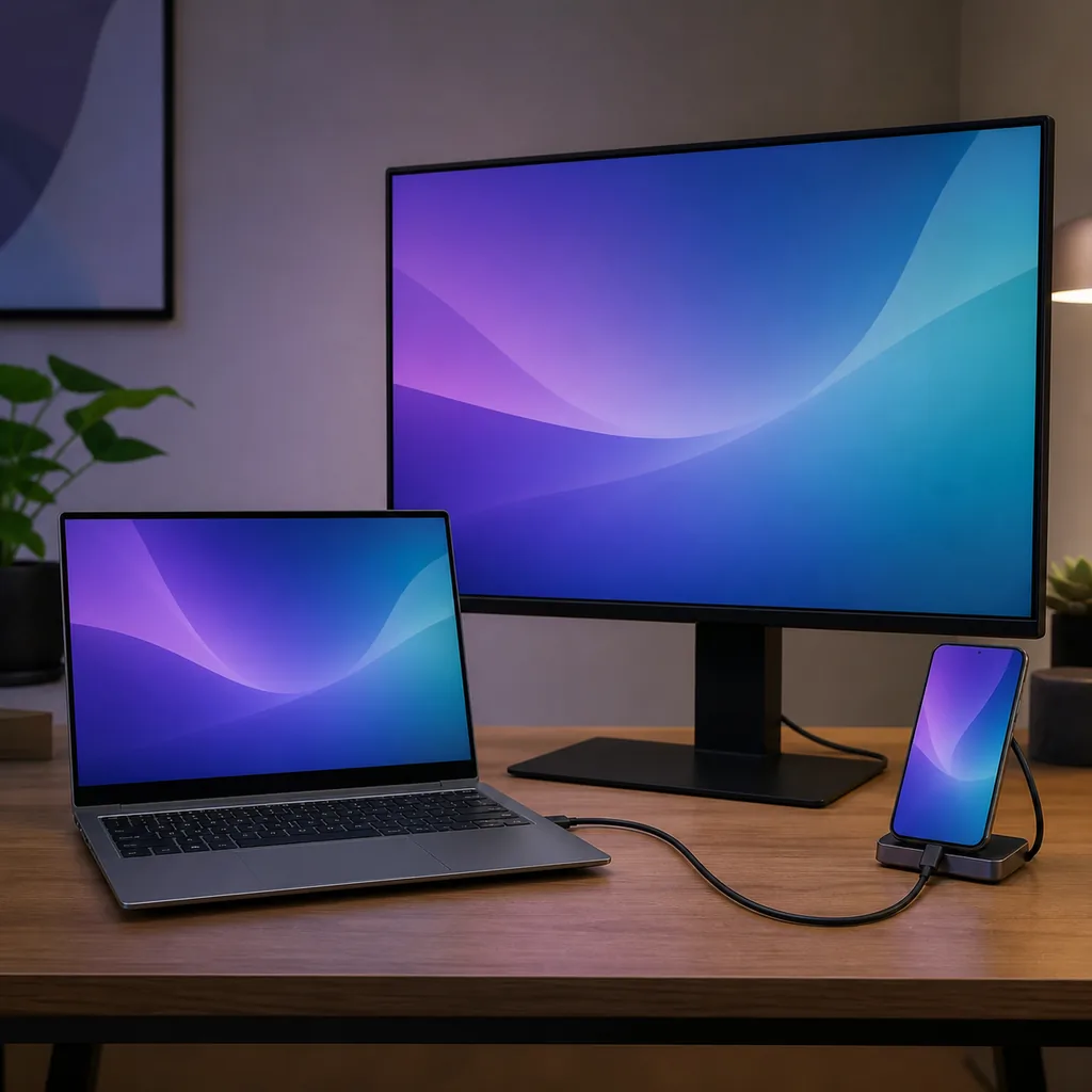 Editorial illustration of a Galaxy phone connected to a Windows 10 laptop and external monitor