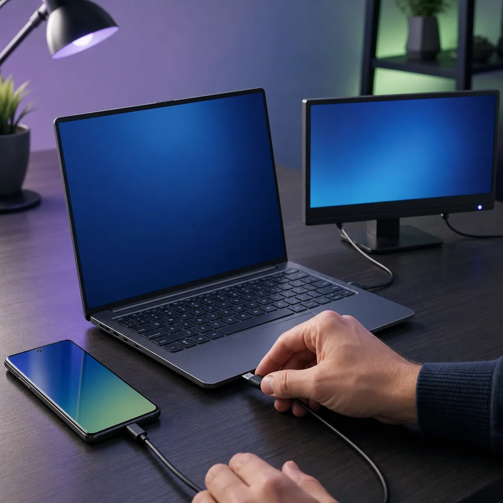 Editorial setup illustration showing a phone, USB cable, Windows 10 laptop, and external display