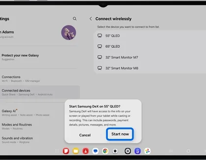 Samsung DeX kabellos display selection on a Galaxy device